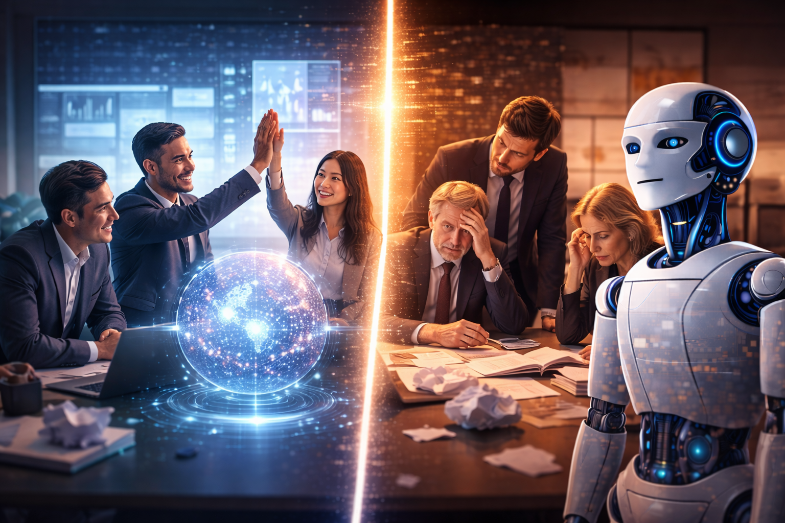 AI導入による成功と失敗の分岐を表すビジネス判断のイメージ